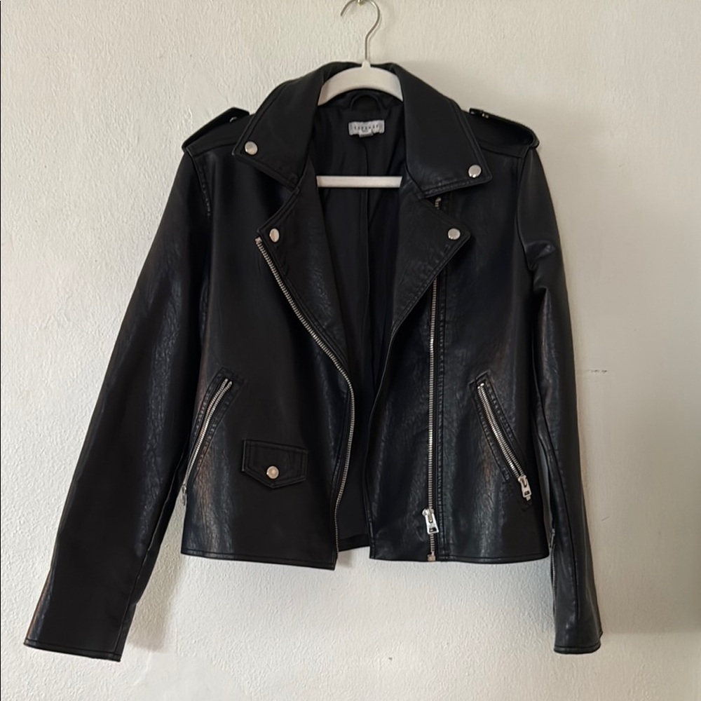 Topshop Black Leather Moto Jacket with Asymmetrical Zipper